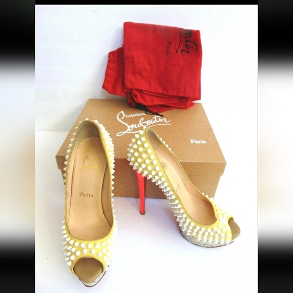 Christian Louboutin Lady Peep Suede Canary Yellow Spiked Platform Heels 36 1/2 - Picture 1 of 12